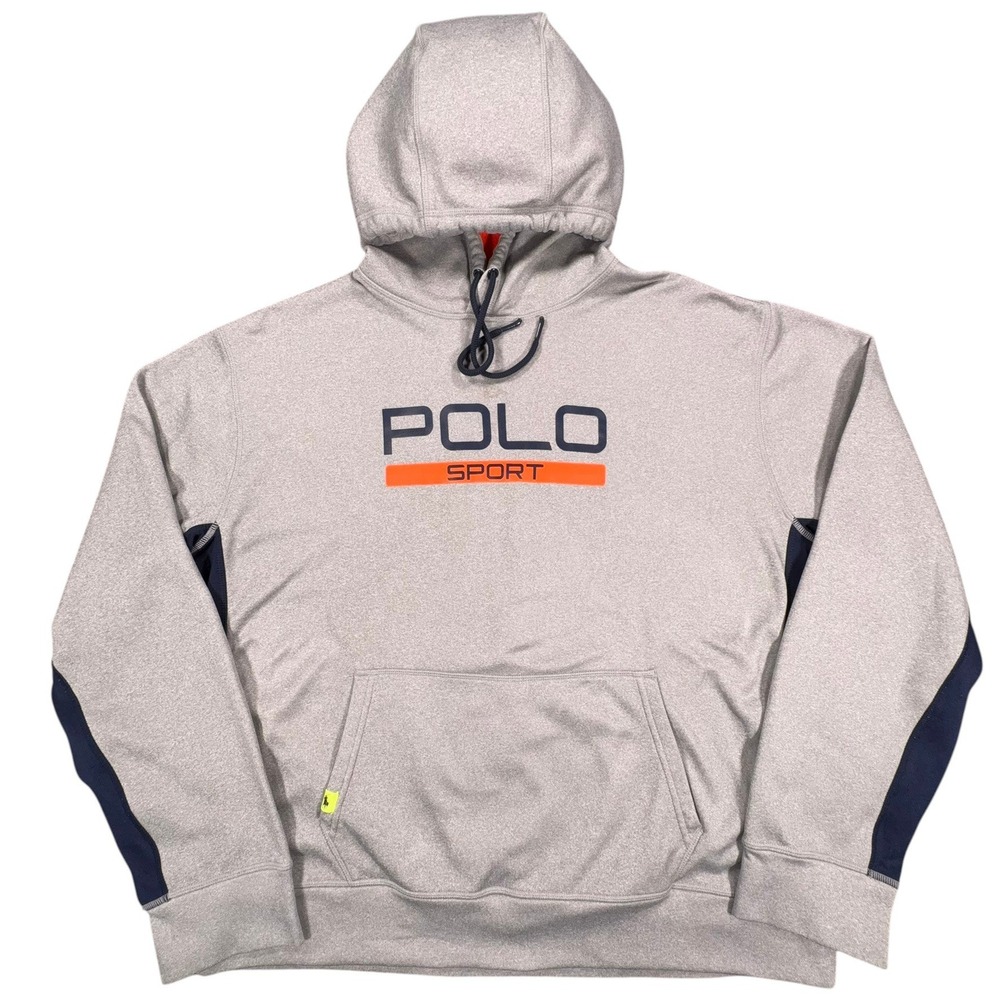 Polo Sport ThermoVent Performance Hoodie Mens XL Grey Heather Navy Orange Logo